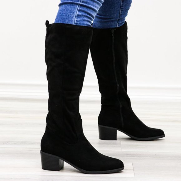 Pointy Toe Below The Knee Black Boots Faux Suede - Picture 11 of 11